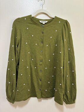 Boden Olive Green Embroidered Button Front Cotton Knit Blouse 10